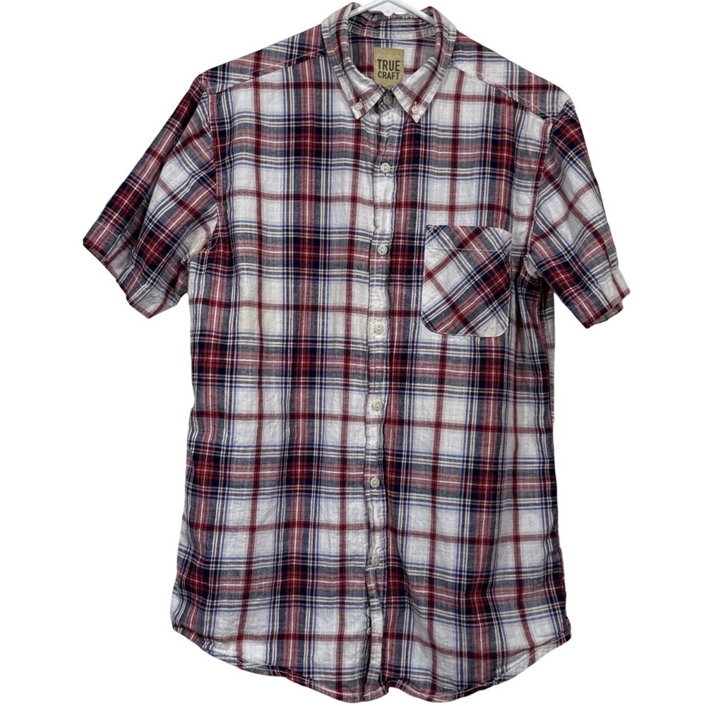 Mens Plaid Button Down Shirt Medium Short Sleeve Cotton Red Blue True Craft